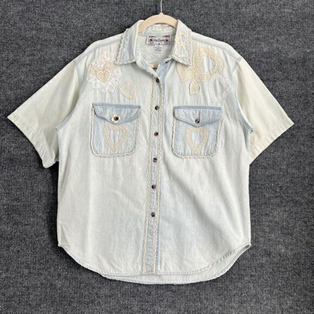 Vintage Cotton Express Womens Denim Lace Trim Button Up Shirt Size S 90s Western